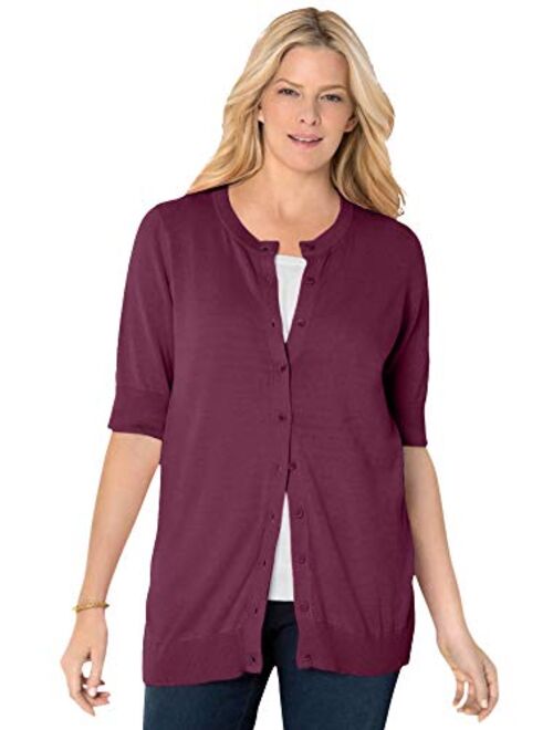 Woman Within Women's Plus Size Perfect Elbow-Length Sleeve Cardigan Sweater