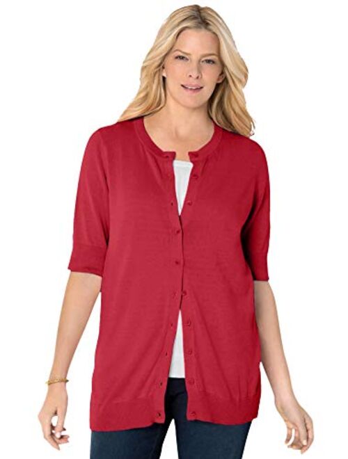 Woman Within Women's Plus Size Perfect Elbow-Length Sleeve Cardigan Sweater