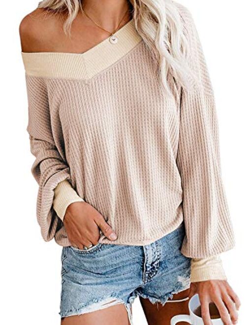 Womens Sweater Tie Dye Pullover Tops Off Shoulder Long Sleeve Bat Sleeve V Neck Loose Pullover Sweaters Top