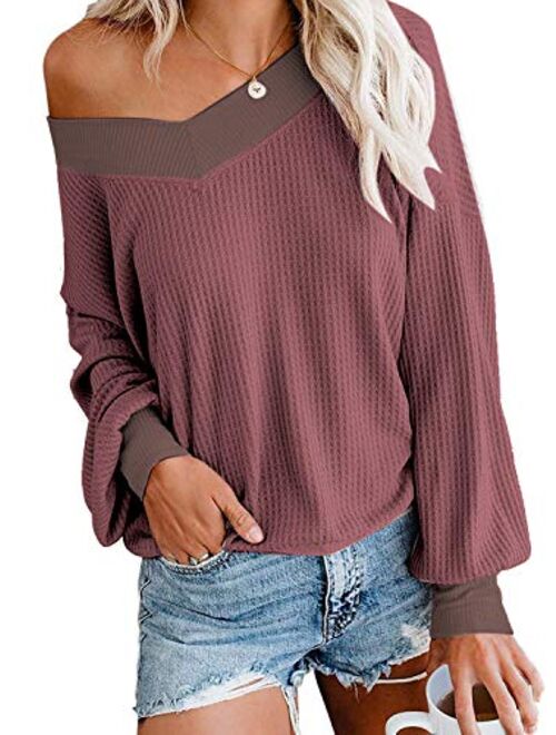 Womens Sweater Tie Dye Pullover Tops Off Shoulder Long Sleeve Bat Sleeve V Neck Loose Pullover Sweaters Top