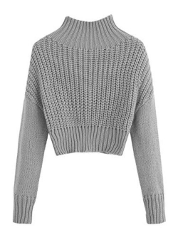 Women's Drop Shoulder Mock Neck Pullover Sweater Long Sleeve Basic Crop Sweaters