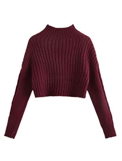 Women's Drop Shoulder Mock Neck Pullover Sweater Long Sleeve Basic Crop Sweaters