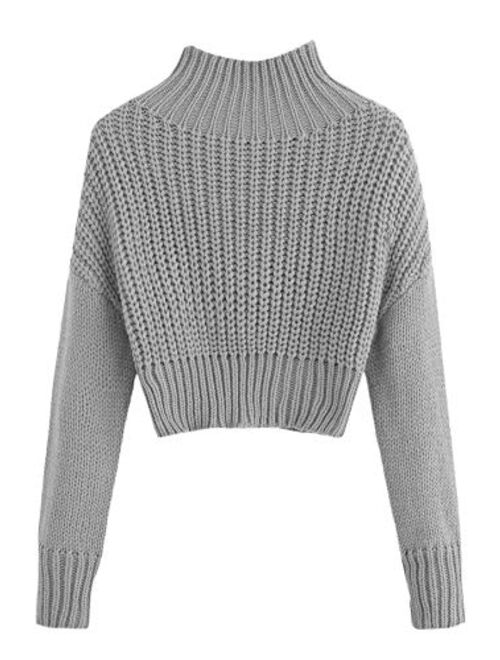 SweatyRocks Women's Drop Shoulder Mock Neck Pullover Sweater Long Sleeve Basic Crop Sweaters