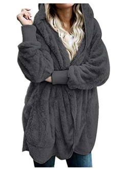 Women Hooded Cardigan Fuzzy Jacket Winter Open Front Fleece Coat Outwear with Pockets