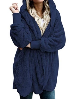 Women Hooded Cardigan Fuzzy Jacket Winter Open Front Fleece Coat Outwear with Pockets