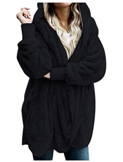 Women Hooded Cardigan Fuzzy Jacket Winter Open Front Fleece Coat Outwear with Pockets