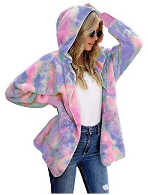 Women Hooded Cardigan Fuzzy Jacket Winter Open Front Fleece Coat Outwear with Pockets