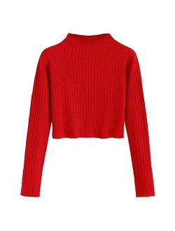 Women's Mock Neck Long Sleeve Ribbed Knit Pullover Crop Sweater