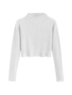 Women's Mock Neck Long Sleeve Ribbed Knit Pullover Crop Sweater