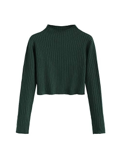 Women's Mock Neck Long Sleeve Ribbed Knit Pullover Crop Sweater