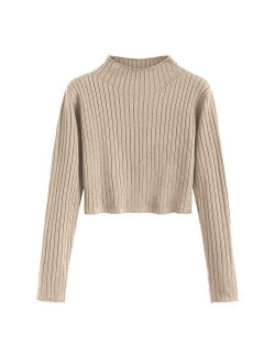 Women's Mock Neck Long Sleeve Ribbed Knit Pullover Crop Sweater