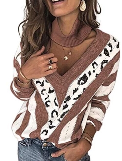 ZKESS Women Loose Round Neck V Criss Cross Backless Long Sleeve Knit Pullover Sweater Jumper Tops