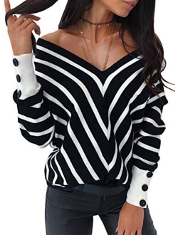 ZKESS Women Loose Round Neck V Criss Cross Backless Long Sleeve Knit Pullover Sweater Jumper Tops