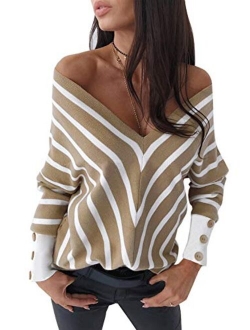 ZKESS Women Loose Round Neck V Criss Cross Backless Long Sleeve Knit Pullover Sweater Jumper Tops