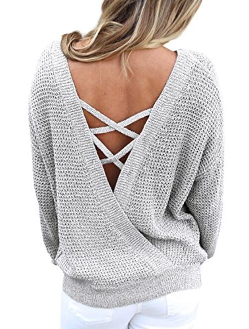 ZKESS Women Loose Round Neck V Criss Cross Backless Long Sleeve Knit Pullover Sweater Jumper Tops