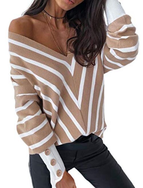 ZKESS Women Loose Round Neck V Criss Cross Backless Long Sleeve Knit Pullover Sweater Jumper Tops