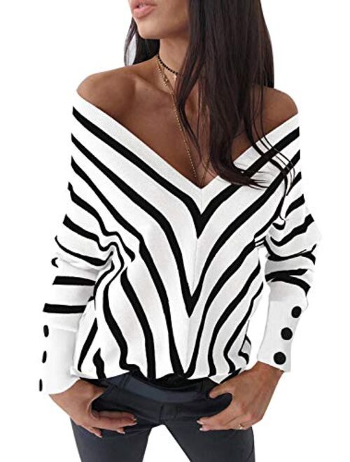 ZKESS Women Loose Round Neck V Criss Cross Backless Long Sleeve Knit Pullover Sweater Jumper Tops