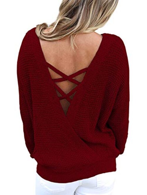 ZKESS Women Loose Round Neck V Criss Cross Backless Long Sleeve Knit Pullover Sweater Jumper Tops