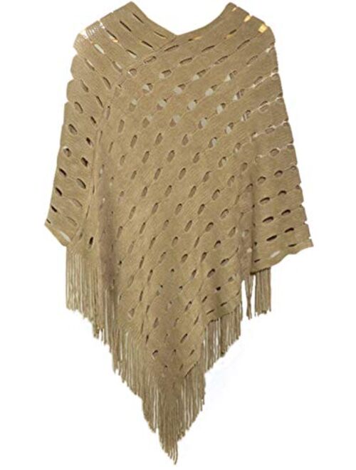 QZUnique Women's Sweater Cape Pullover Knitted Shawl Scarf Tassels Knit Poncho Wrap