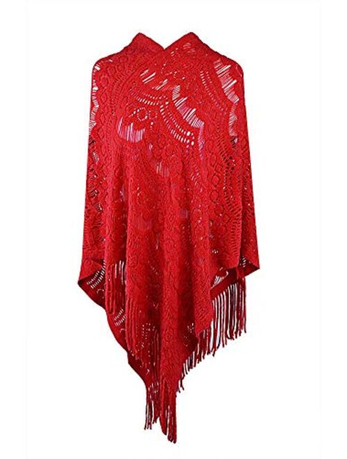 QZUnique Women's Sweater Cape Pullover Knitted Shawl Scarf Tassels Knit Poncho Wrap