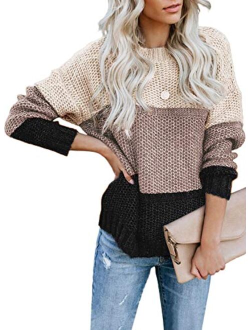 Tiksawon Womens Color Block Striped Oversized Crew Neck Sweaters Pullover Fashion Long Sleeve Loose Knitted Jumper Tops