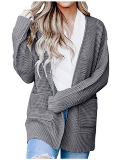 Women's Long Sleeve Open Front Waffle Knit Sweater Cardigans Coat Outwear with Pockets