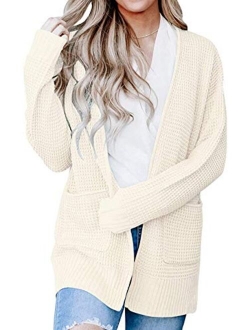 Women's Long Sleeve Open Front Waffle Knit Sweater Cardigans Coat Outwear with Pockets