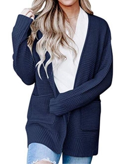 Women's Long Sleeve Open Front Waffle Knit Sweater Cardigans Coat Outwear with Pockets