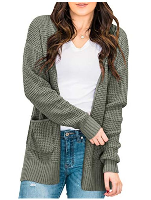 ZESICA Women's Long Sleeve Open Front Waffle Knit Sweater Cardigans Coat Outwear with Pockets