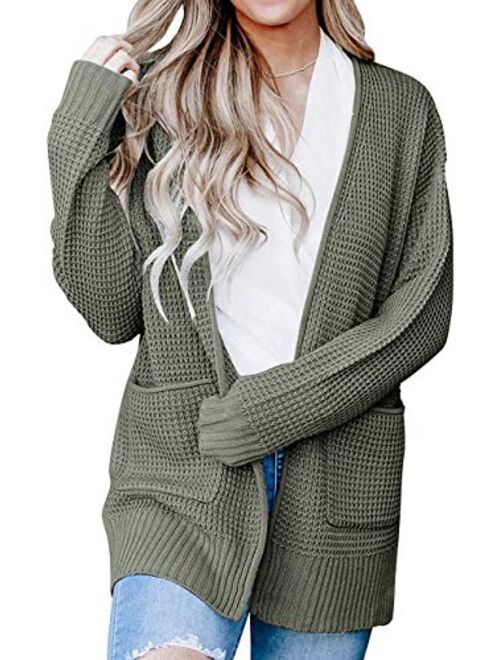 ZESICA Women's Long Sleeve Open Front Waffle Knit Sweater Cardigans Coat Outwear with Pockets