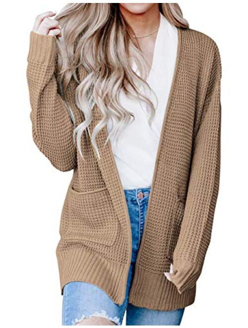 ZESICA Women's Long Sleeve Open Front Waffle Knit Sweater Cardigans Coat Outwear with Pockets