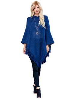 Classic Soft Knit Poncho Shawl Wrap - Basic Warm Pullover Fringe Tassel Sweater Chunky Crochet, Plain V-Neck, Turtleneck