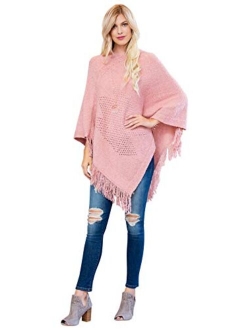 Classic Soft Knit Poncho Shawl Wrap - Basic Warm Pullover Fringe Tassel Sweater Chunky Crochet, Plain V-Neck, Turtleneck