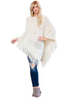 Classic Soft Knit Poncho Shawl Wrap - Basic Warm Pullover Fringe Tassel Sweater Chunky Crochet, Plain V-Neck, Turtleneck