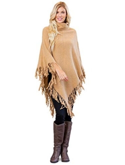 Classic Soft Knit Poncho Shawl Wrap - Basic Warm Pullover Fringe Tassel Sweater Chunky Crochet, Plain V-Neck, Turtleneck