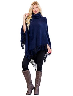 Classic Soft Knit Poncho Shawl Wrap - Basic Warm Pullover Fringe Tassel Sweater Chunky Crochet, Plain V-Neck, Turtleneck