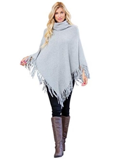 Classic Soft Knit Poncho Shawl Wrap - Basic Warm Pullover Fringe Tassel Sweater Chunky Crochet, Plain V-Neck, Turtleneck