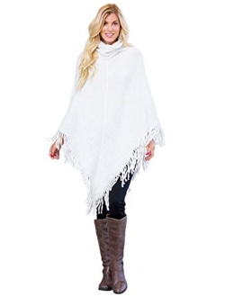 Classic Soft Knit Poncho Shawl Wrap - Basic Warm Pullover Fringe Tassel Sweater Chunky Crochet, Plain V-Neck, Turtleneck