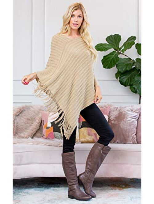 Classic Soft Knit Poncho Shawl Wrap - Basic Warm Pullover Fringe Tassel Sweater Chunky Crochet, Plain V-Neck, Turtleneck