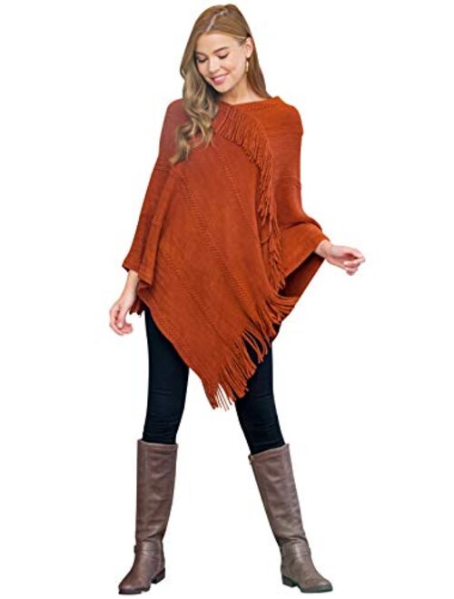 Classic Soft Knit Poncho Shawl Wrap - Basic Warm Pullover Fringe Tassel Sweater Chunky Crochet, Plain V-Neck, Turtleneck