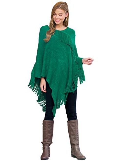 Classic Soft Knit Poncho Shawl Wrap - Basic Warm Pullover Fringe Tassel Sweater Chunky Crochet, Plain V-Neck, Turtleneck