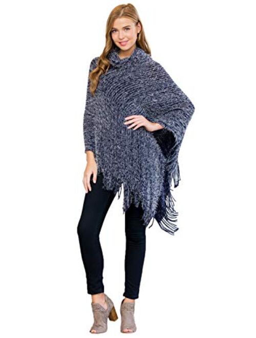 Classic Soft Knit Poncho Shawl Wrap - Basic Warm Pullover Fringe Tassel Sweater Chunky Crochet, Plain V-Neck, Turtleneck