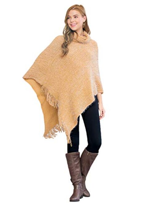 Classic Soft Knit Poncho Shawl Wrap - Basic Warm Pullover Fringe Tassel Sweater Chunky Crochet, Plain V-Neck, Turtleneck