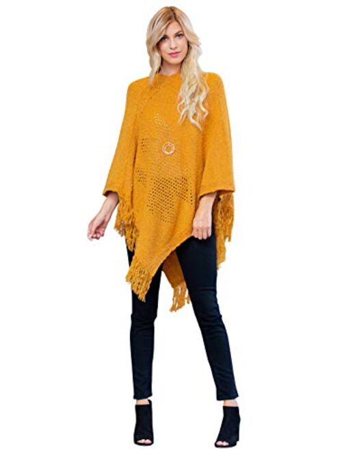 Classic Soft Knit Poncho Shawl Wrap - Basic Warm Pullover Fringe Tassel Sweater Chunky Crochet, Plain V-Neck, Turtleneck