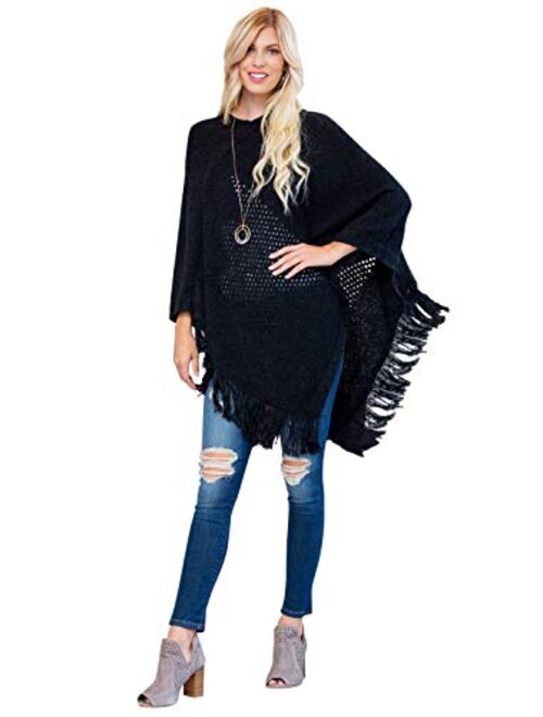 Classic Soft Knit Poncho Shawl Wrap - Basic Warm Pullover Fringe Tassel Sweater Chunky Crochet, Plain V-Neck, Turtleneck