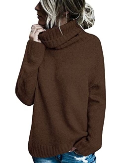 FISACE Womens Solid Round Neck Oversized Turtleneck Full Sleeve Knitted Sweater Pullover