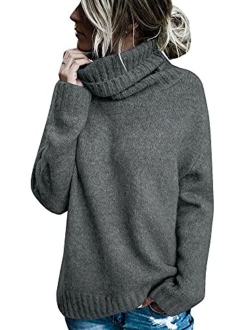 FISACE Womens Solid Round Neck Oversized Turtleneck Full Sleeve Knitted Sweater Pullover