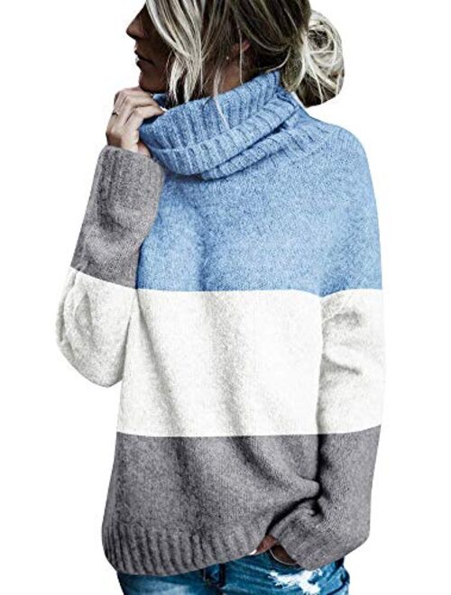 FISACE Womens Solid Round Neck Oversized Turtleneck Full Sleeve Knitted Sweater Pullover