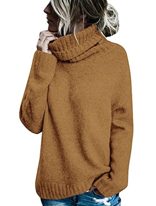 FISACE Womens Solid Round Neck Oversized Turtleneck Full Sleeve Knitted Sweater Pullover