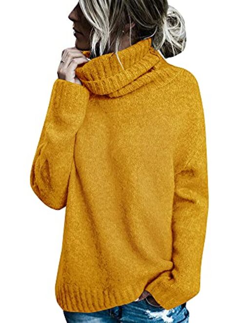 FISACE Womens Solid Round Neck Oversized Turtleneck Full Sleeve Knitted Sweater Pullover